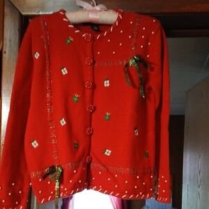 Festive Red Sweater with Gift Motifs